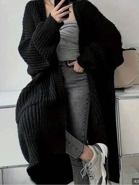 SHEIN Black Oversized Chunky Knit Open-Front Cardigan